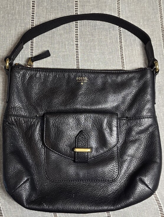 Fossil Handbags - Fossil Black Pebbled Leather Shoulder Bag with Gold Hardware